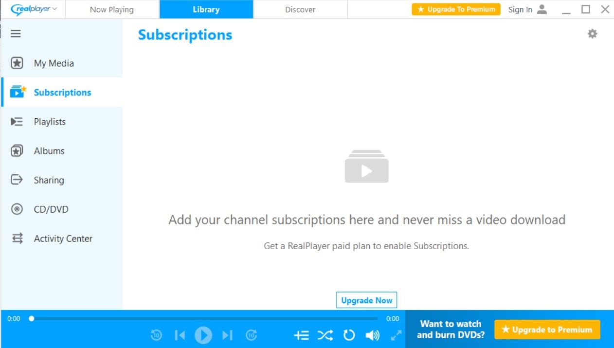 Вкладка с подписками Real Player